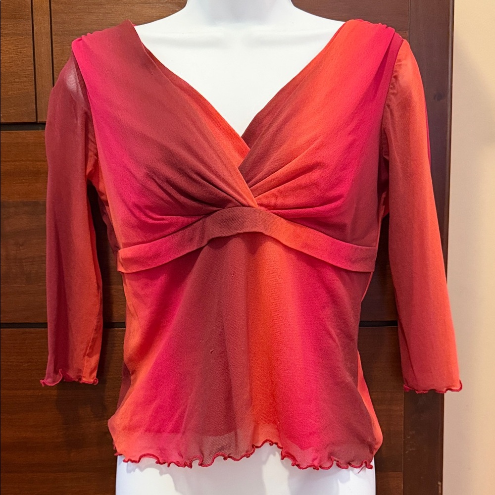 Elegant V-Neck Gradient Blouse in Red and Pink